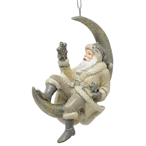 Kurt Adler Glittered Santa With Snowflake On Moon Ornament