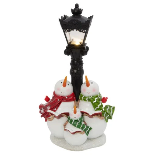 14.5"H Lighted Resin Snowman Family With Street Lamp