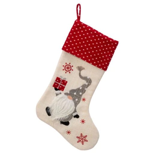 Christmas Stocking With A Gnome Wearing A Grey Hat Design