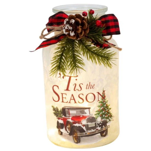 Lighted Frost Glass Jar With Truck