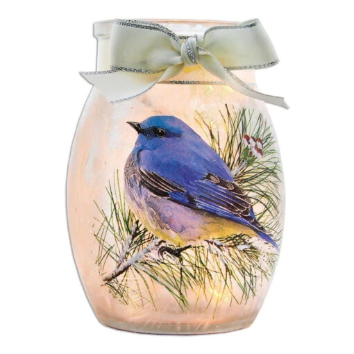 Light-up Winter Bluebird Looking Forward Small Glass Jar