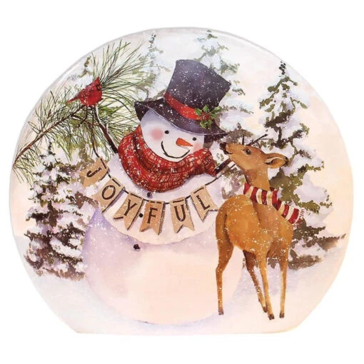 Large Lit Joyful Snowman With Deer Orb