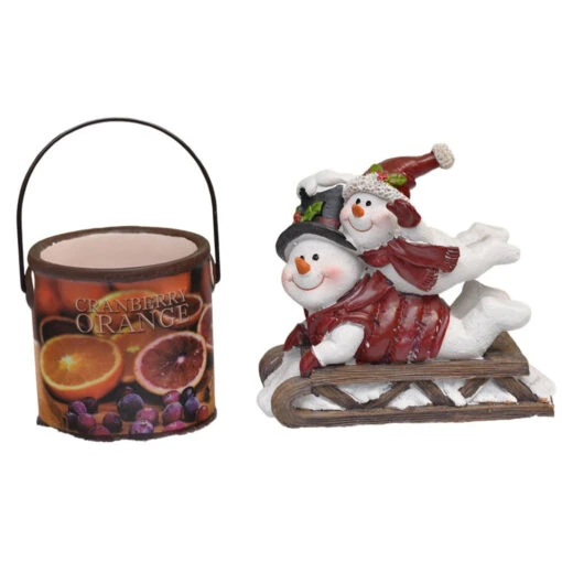 Willies Sledding Snowmen Figurine And Cranberry Orange Scented Candle Christmas